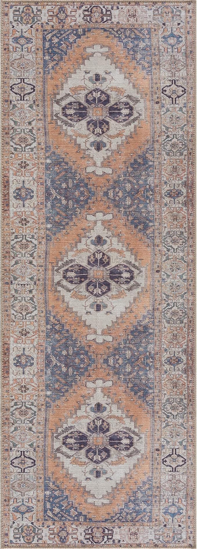 Bloom Rugs Washable 12 ft Runner - Orange / Blue / Beige Traditional Persian Runner for Entryway, Hallway, Bathroom, and Kitchen - Exact Size: 2'5" x 12"