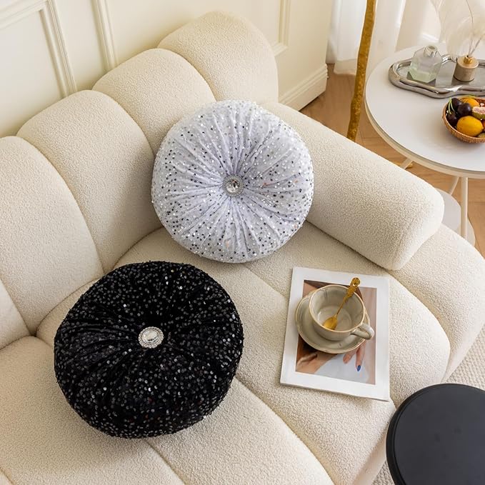 Round Throw Pillow, 13.7in Soft Solid Color Sequin Glitter Decorative Round Pillow Circle Floor Pillows Cushions for Sofa Bed Chair Living Room Floor Car Home Decoration, White