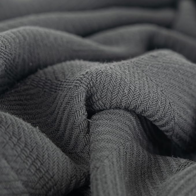 Sticky Toffee Cotton Throw Blanket, 60 x 50 Inch, Dark Gray Herringbone Weave, Soft Lightweight Woven Blanket for Couch, Boho Farmhouse Style