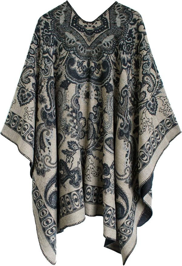 Women's Vintage Pattern Open Front Poncho Cape Shawl Winter Shawl Wraps
