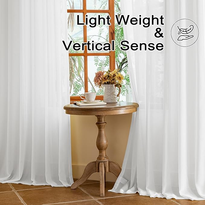 MAIHER 100 Inches Long White Pinch Pleat Curtains for Living Room Sheer Pleated Drapes with Ajustable Hooks Soft Touch Light Filtering Voile Curtains for Bedroom, White, 42''W x 100" L, 2 Panels