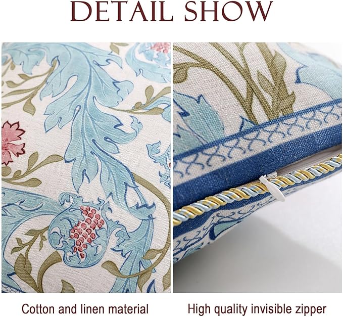 patdrea Designer Throw Pillow Covers for Couch 18"x18",Vintage Luxury French Linen Pillows Cover with Blue Floral Pattern,Farmhouse Decorative Square Pillowcases for Bed,Living Room,Outdoor,car