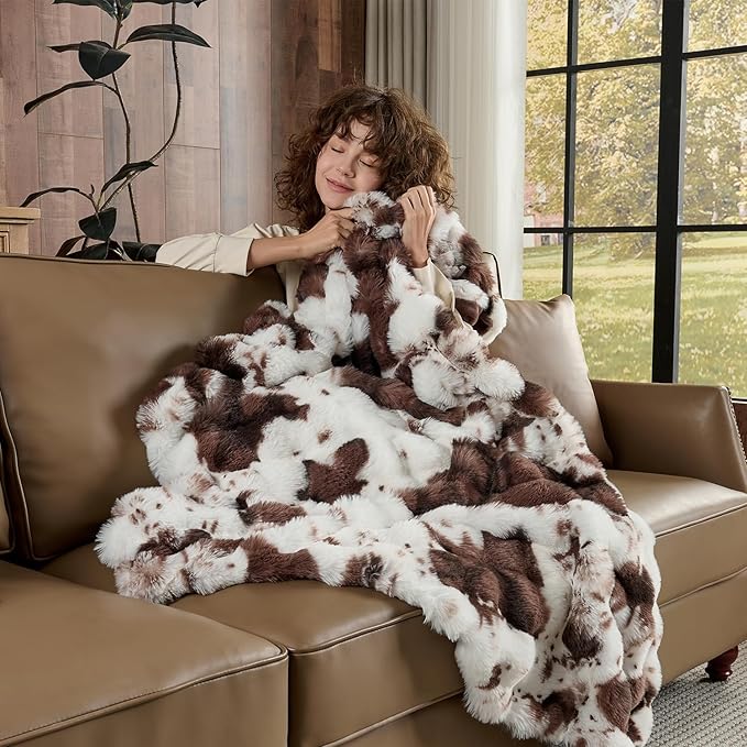 Lotus Karen Faux Fur Throw Blanket Cow Print-Dark Brown, Fluffy Fuzzy Plush Bubble Blanket for Couch, 80x60 Inches Cozy Shaggy Rabbit Blanket, Luxury Decorative Gifts for Sofa Bedroom Living Room.