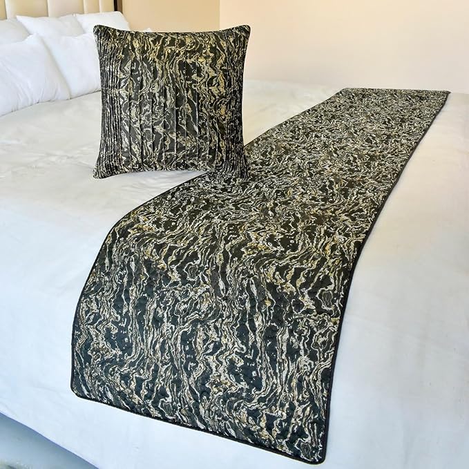 The HomeCentric King/Queen/Twin Black Decorative Bed Runner Twin 53"x18" Bed Runner with Two Pillow Cover, Marble Pattern, Pintucks, Quilted Bed Scarf on Jacquard Fabric - Stellaris
