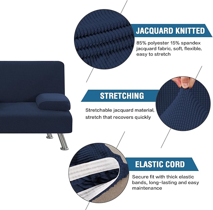 H.VERSAILTEX 4 Pieces Stretch Futon Covers Sofa Bed Slipcover with Removable Armrests and Cupholders Covers Furniture Protector High Spandex Small Checks Jacquard Fabric, Navy