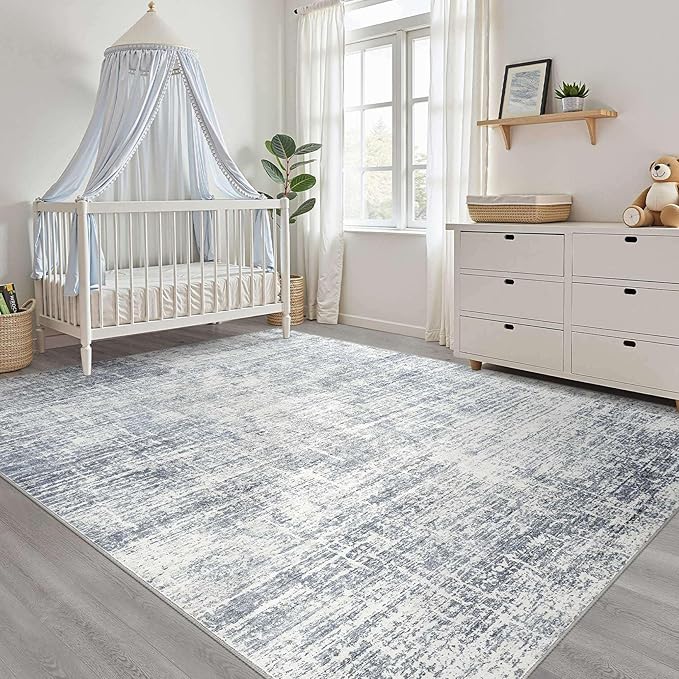 7x9 Area Rug Living Room: Washable Large Neutral Blue Rugs Abstract Soft Modern Stain Resistant Indoor Floor Non-Slip Carpet for Bedroom Nursery Kids Office Playroom Dining Room Under Table Home