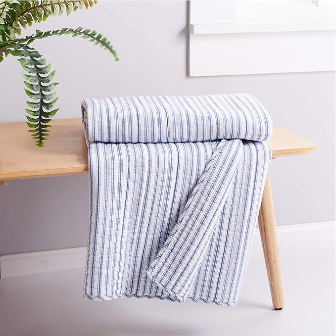 Levtex Home - Tobago Stripe Blue - Quilted Throw - 50x60in. - White, Blue - Reversible Pattern - Cotton Fabric