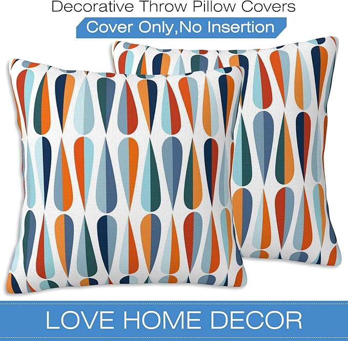 Mid-Century Drop Shapes Throw Pillow Cover Case Modern Retro Style Throw Pillows Set of 2 Super Soft Pillow Covers 18x18 Inches Farmhouse Home Decor for Living Room Bedroom Sofa Couch Cushion Cover
