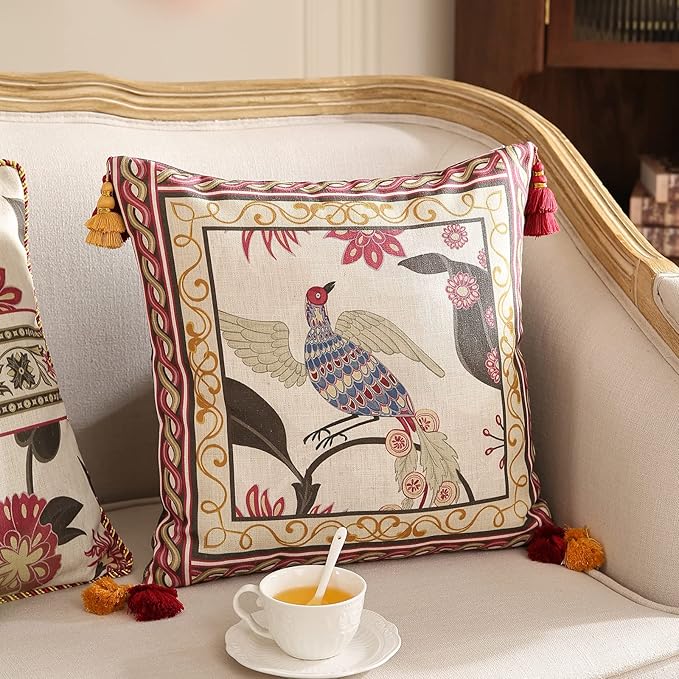 patdrea Designer Throw Pillow Cover 18"x18",Vintage Bird and Floral Pattern Linen Pillows Cover with Red and Yellow Pendant Charms,Square Decorative Pillowcases for Couch Bed Living Room Outdoor