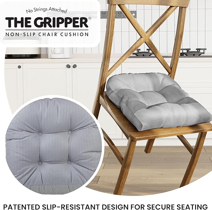 Klear Vu Gripper Overstuffed Universal Non-Slip Dining Chair Cushions for Kitchen Decor or Office Use, U-Shaped Skid-Proof Seat Pad, 17x17 Inches, 2 Count (Pack of 1), Solid Gray
