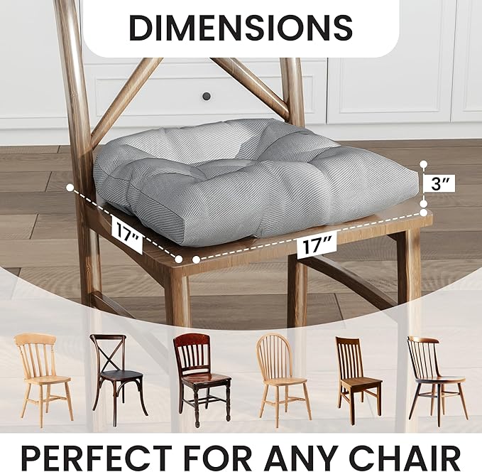 Klear Vu Gripper Overstuffed Universal Non-Slip Dining Chair Cushions for Kitchen Decor or Office Use, U-Shaped Skid-Proof Seat Pad, 17x17 Inches, 2 Count (Pack of 1), Linear Gray
