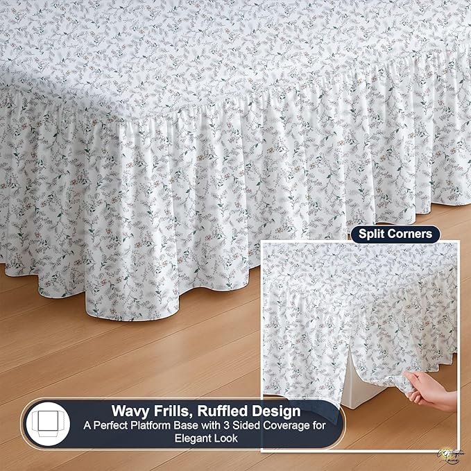 Cottington Lane Ruffled Bed Skirt Queen Size with Split Corner, Brushed Microfiber Hotel Quality Dust Ruffle, 24 Inch Drop Gathered Bedskirt, Soft, Stylish, Shrink & Fade Resistant, Coco Rose Leaf
