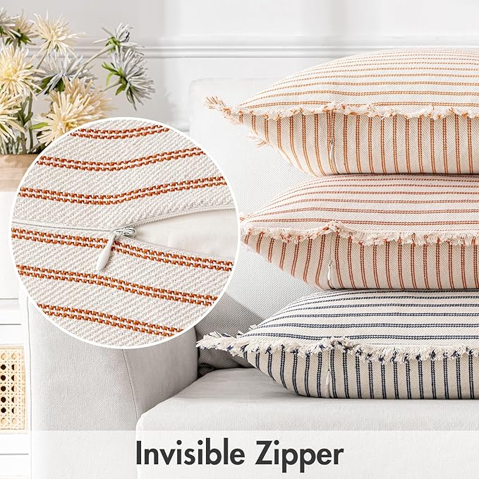 MIULEE Pack of 2 Rust Pillow Covers 22x22 Inch Striped Farmhouse Couch Throw Pillow Covers with Fringe Chic Linen Decorative Cushion Covers for Sofa Living Room Bed Outdoor Home Decor