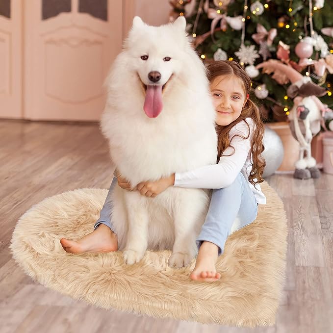 uxcell Heart Shaped Rugs for Bedroom,Small Aesthetic Carpet Girls,Cute Shaggy Floor Mirror Mat,Pastel Furry Throw Rug 2.3ftx3ft, Khaki