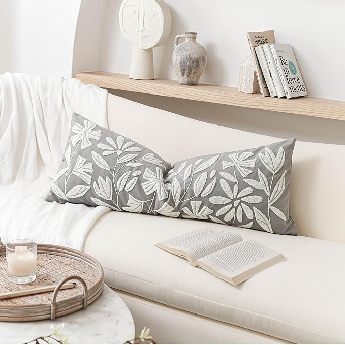 BlissBlush Grey Velvet Decorative Long Lumbar Pillow Cover 14x36, Light Gray Soft Body Pillow for Bed, Accent Lumbar Throw Pillow for Bedroom, Modern Farmhouse Textured Pillowcase
