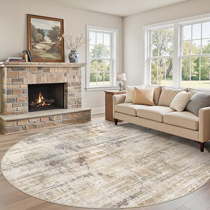 8ft Round Area Rug for Living Room: 8x8 Washable Neutral Abstract Modern Soft Rugs Non Slip Indoor Floor Stain Resistant Carpet for Bedroom Dining Room Office Nursery - Golden Brown