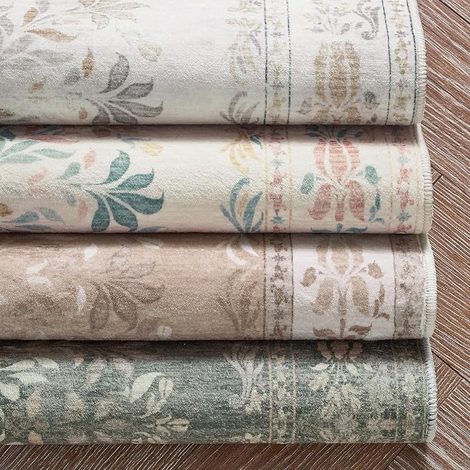 jinchan Hallway Runner Rug 2x10 Vintage Floral Distressed Design - Machine Washable Non-Slip Low-Pile Soft Thin Faux Wool Kitchen Carpet for Farmhouse Bedroom Laundry Room(2x10ft, Apricot Multi)