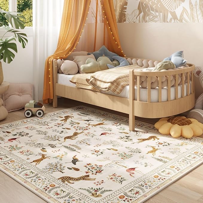 Rugcomf Area Rugs 9x12 Living Room Clearance Washable Boho Rug Non Slip Floral Animal Vintage Low Pile Large Rug for Living Room, Bedroom, Farmhouse, Dining Room, Kids Playroom (Beige)
