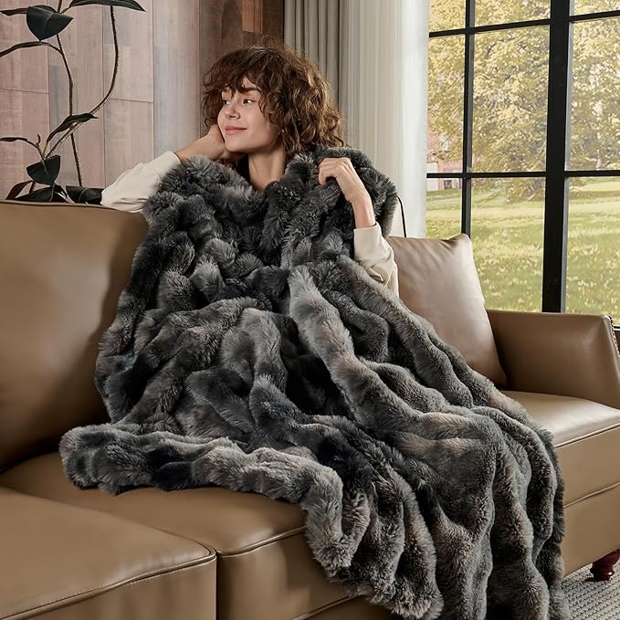 Lotus Karen Faux Fur Blanket Tie-Dye Dark Gray Twin Size - Big Bubble Rabbit Fluff Throw for Couch Small Fluffy Fuzzy Cozy Thick Furry Plush Shaggy Blankets 108x90 Inches