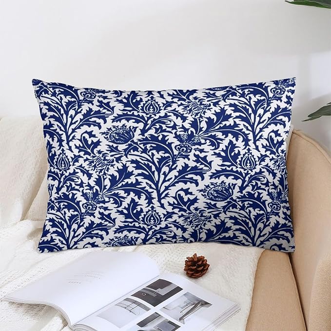 Thistle Damask Navy Blue and White William Morris Throw Pillow Covers 12x20 Inch Aesthetic Pillow Velvet Decorative Pillowcase Home Decor Living Room Cushion Case for Bed Sofa Couch