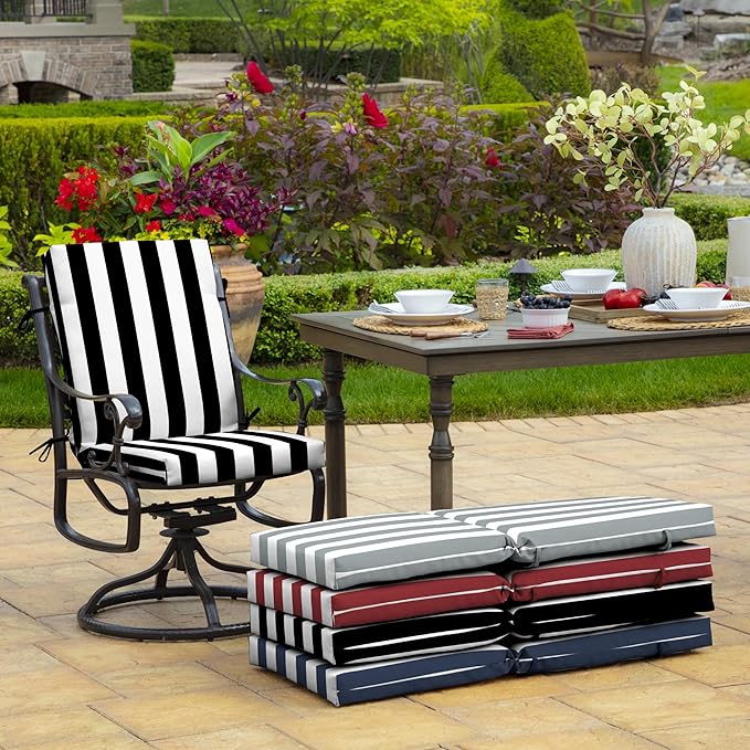 Arden Outdoor Dining Chair Cushion, 2 Pack, 20 x 20, Rain-Proof, Fade Resistant, Black Cabana Stripe