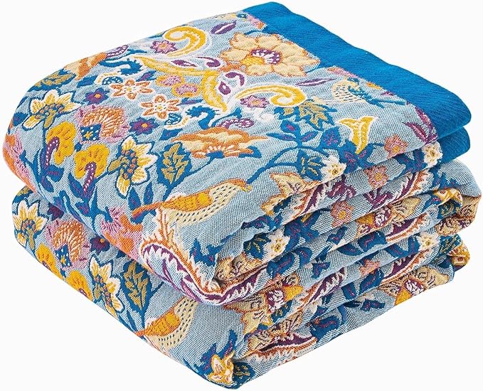 Blue Orange Fall Blanket 60"x 80" Boho Throw Blankets for Couch Bed Chair, 100% Cotton Quilts Warm Soft Blanket Muslin Bed Blankets Home Decor Farmhouse Warm Throws Gifts for Women Mom