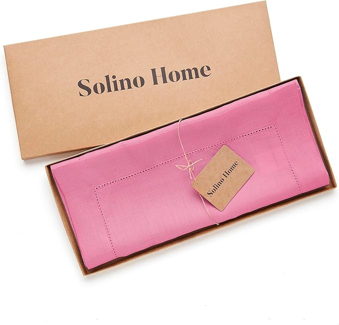 Solino Home Linen Flamingo Pink Table Runner 144 Inches Long - 100% Pure Linen Extra Long Table Runner 14 x 144 Inch for Christmas - Classic Hemstitch