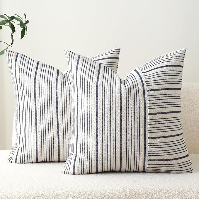 DWR Striped 3D Textured Weave Throw Pillow Covers 18x18 Set of 2, Polyester Cotton Blend in Navy, Modern Farmhouse Decorative Pillow Cases for Couch Sofa Bed Living Room