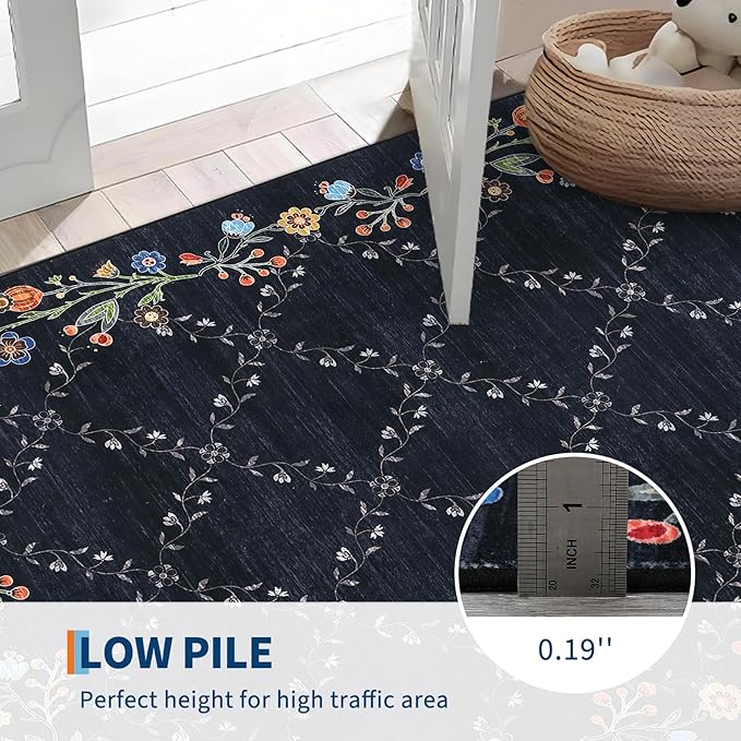 GarveeHome 10x13 Washable Floral Area Rugs for Living Room: Modern Floral Non Slip Large Area Rugs for Bedroom, Large Machine Washable Living Room Low Pile Carpet with Non-Slip Backing Black 10'x13'.
