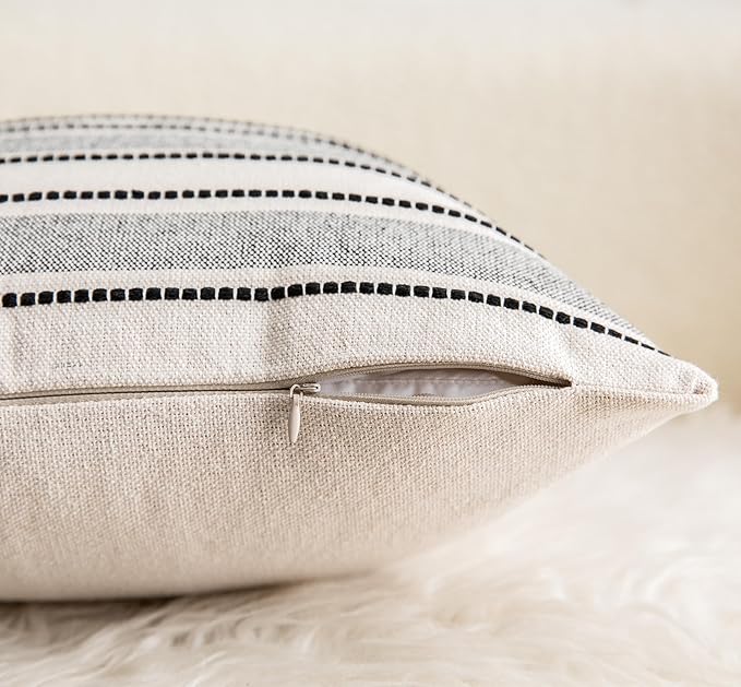 Decorative Boho Throw Pillow Covers, Farmhouse Textured Pillow Case, 20 x 20 Inch Set of 2, Chair Sofa Bedroom Living Room Home Decor Couch Cushion Case, Black and Beige Striped
