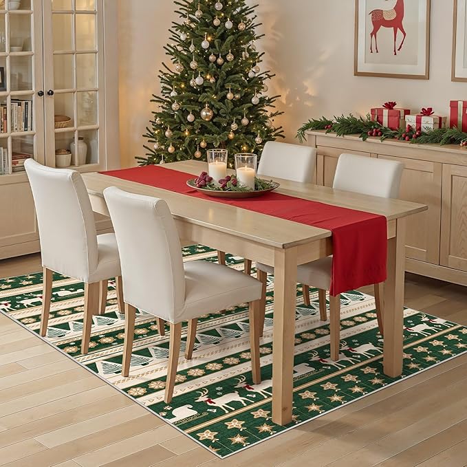 Abstract Living Room Rug 5X7 - Modern Washable Christmas Soft Thin Area Rug for Living Room Bedroom Under Dining Table - Neutral Indoor Floor Rug Carpets for Home Office Playroom Nursery - Green Gold
