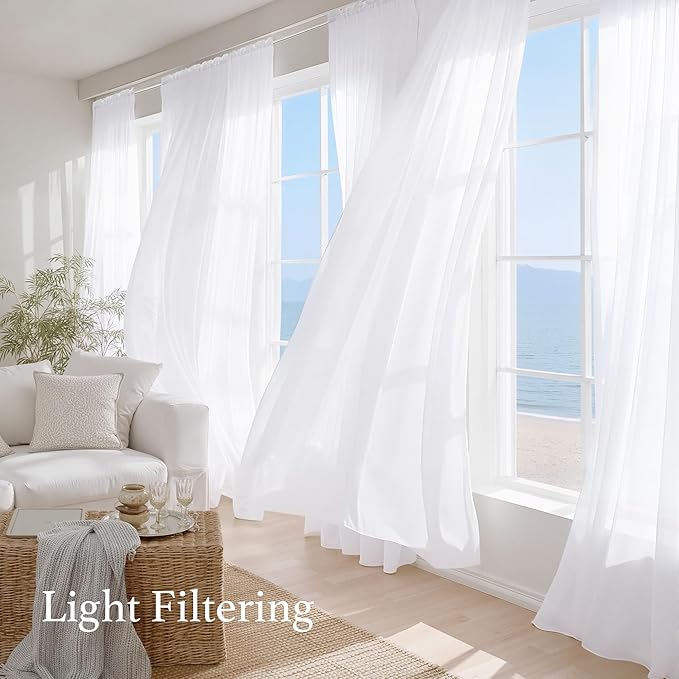NICETOWN White Sheer Curtains 96 inches Long for Bedroom Living Room 4 Panels, 42 inch Wide Rod Pocket Light Filtering Drapes Translucent Modern Voile Airy & Breathable Window Treatment