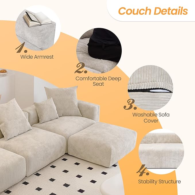 JACH Sectional Couch with 5 Pillows, Luxurious Modular Sectional Couch with Chaise Ottoman, Cushion Covers Removable, Corduroy Modern Soft Couches for Living Room, Office (Beige)