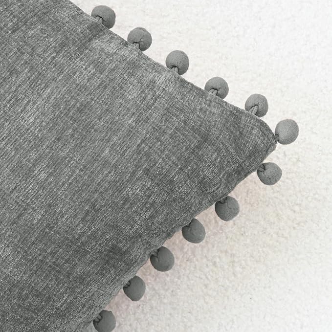 CaliTime Throw Pillow Covers Decorative 18 X 18 Inches Pack of 2 Cozy Solid Dyed Soft Chenille Cushion Cases with Pom Poms for Couch Sofa Bed Living Room Home Medium Grey