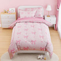 SANDJEST Bow Comforter Set Full Size 98x86in for Kids Girls, Microfiber 4 Pcs Bedding Set Includes 1 Comforter, 2 Pillowcases, 1 Fitted Sheet, Nursery Room Decor