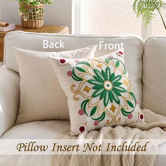 Embroidered Throw Pillow Cover 18x18 Christmas Boho Floral Pattern Pillows Cover Outdoor Decorative Pillowcase,Durable Cozy Textured Cushion Case for Sofa Couch Bed Living Room,Green Yellow