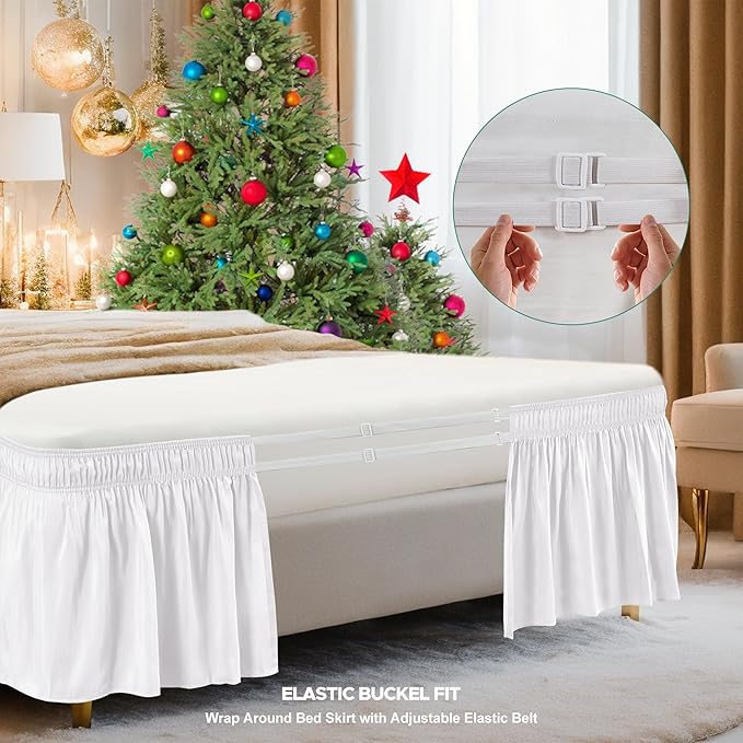 Biscaynebay Wrap Around Bed Skirts for Queen Size Beds Extra Short Drop of 9", White Elastic Dust Ruffles Easy Fit Wrinkle & Fade Resistant Silky Luxurious Fabric Solid Machine Washable