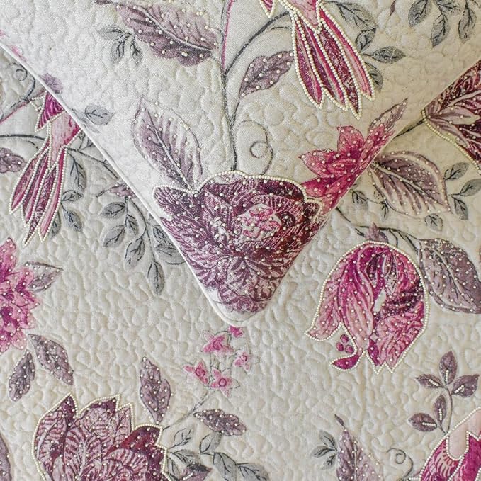 The HomeCentric King/Queen/Twin Pink Decorative Queen 74"x18" Bed Runner Without Pillow Cover, Quilted, Printed & Pearl Embroidery Bed Scarf on Cotton Fabric - Vintage Birdie