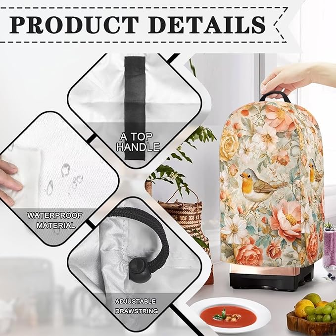 Floral Birds Blender Dust Cover Kitchen Appliance Oil-Proof Food Processor Protective Cover Keep Your Kitchen Clean Various Colorful Flowers