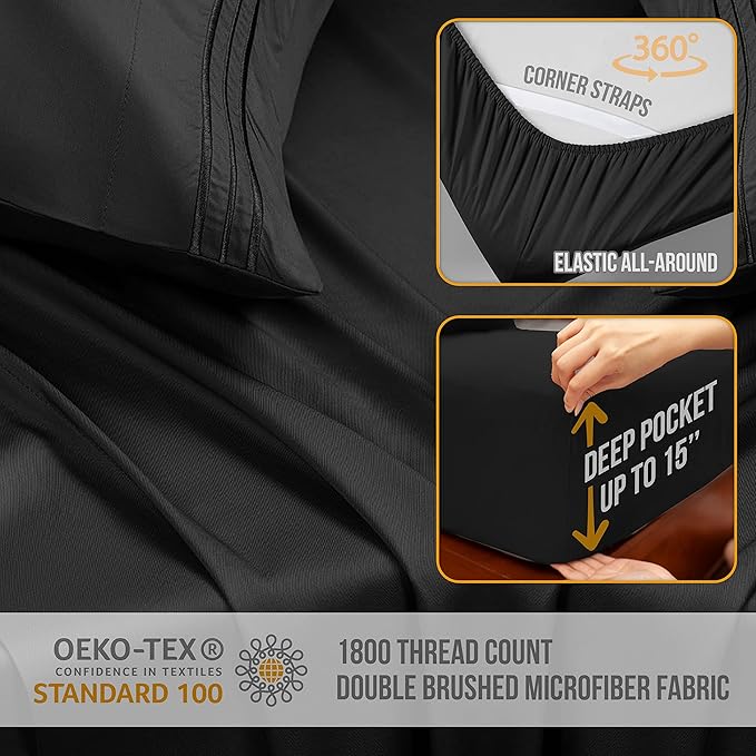 Queen Sheet Set - Luxury Hotel Bed Sheets - Soft Cooling Sheets with Elastic Corner Straps - Deep Pockets Microfiber Bedsheet - Bedding Sheet & Pillowcases - 4 Piece (Queen Size, Black)