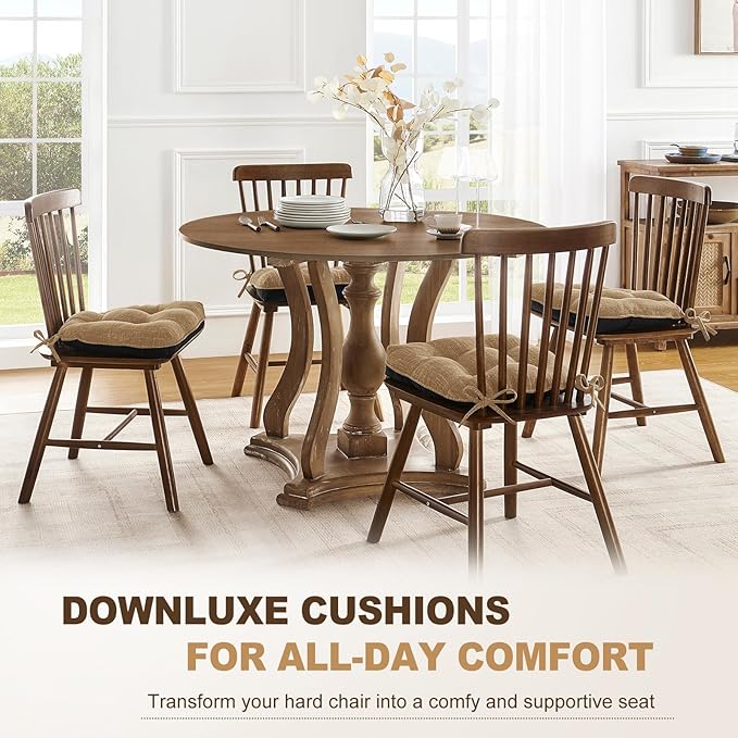 downluxe Indoor Chair Cushions for Dining Chairs, Tufted Overstuffed Textured Foam Kitchen Chair Pads with Ties and Non-Slip Backing, 15.5" x 15.5" x 4", Taupe, 4 Pack