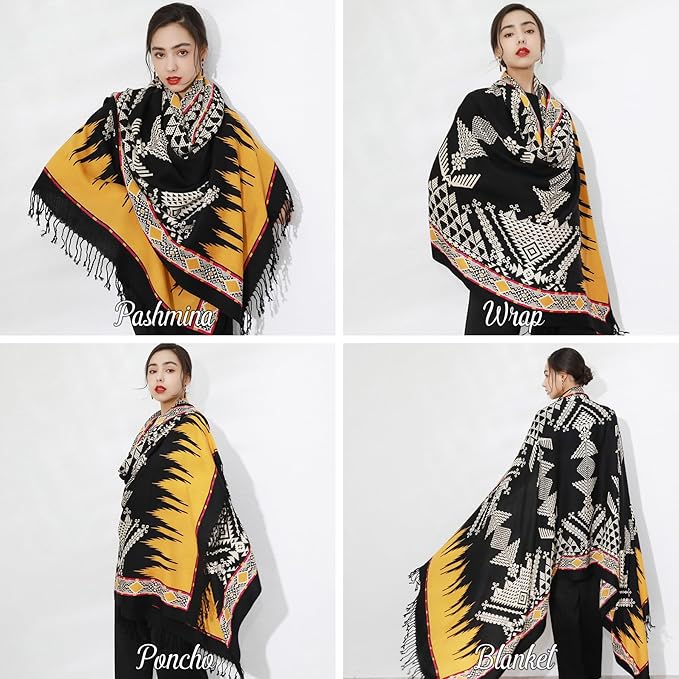DANA XU 100% Merino Wool Pashmina Shawl for Women 96"x43", Oversized Cashmere Wrap with Tassels, Floral Travel Blanket Cape