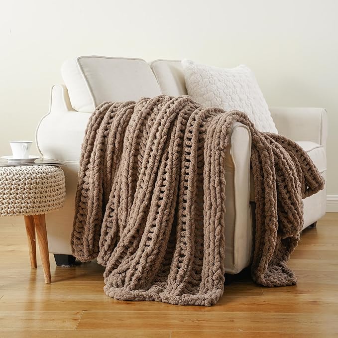 Battilo Beige Chunky Knit Throw Blanket for Couch, Super Soft Thick Warm Cable Knitted Blanket, Khaki Chenille Throw Taupe Blankets for Bed,Sofa, Living Room, 50"x60"