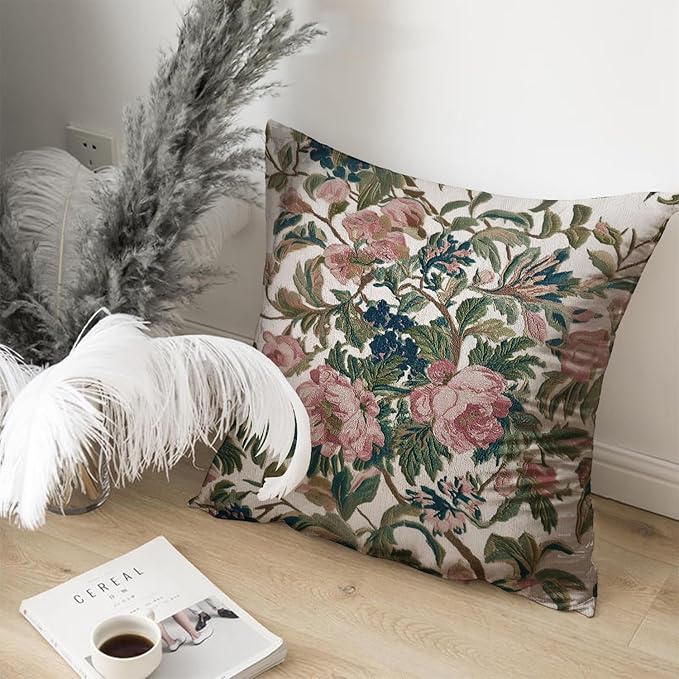 Vintage Floral Throw Pillow Covers, Vintage Flower Pattern Double Sided Cushion Cover, Indoor and Outdoor Home Art Decor Pillowcase for Sofa or Bedroom Decor 18x18inches (Green&Pink, 18x18inches)