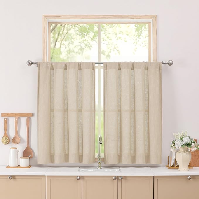 Simplebrand Natural Short Faux Linen Textured Cafe Kitchen Curtains 36 Inch Length 2 Panels, Over Sink Semi Sheer Farmhouse Light Filtering Panels Rod Pocket Drapes for Bathroom Window, 40 x 36 Inch