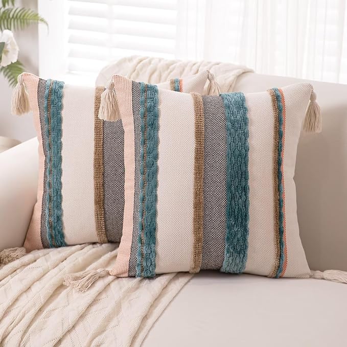 Boho Throw Pillow Covers 18x18 Set of 2 Woven Tufted Farmhouse Pillows Cover with Tassels Textured Striped Cushion Case Neutral Pillow Cases Decorative Pillowcase for Sofa Couch Bed,Blue