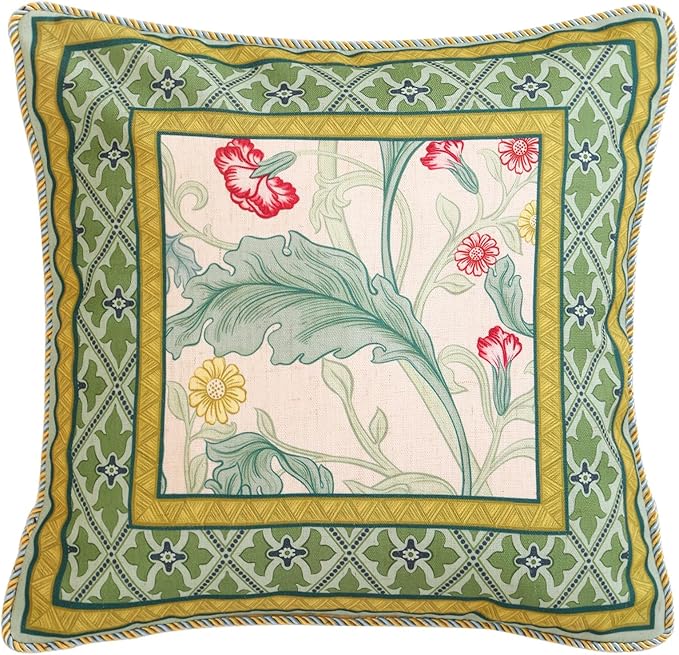 patdrea Designer Square Throw Pillow Covers,Farmhouse Linen with Green Floral Pattern Pillows Cover,Decorative Pillowcases Cushion for Bed Living Room Outdoor Car,18"x18"
