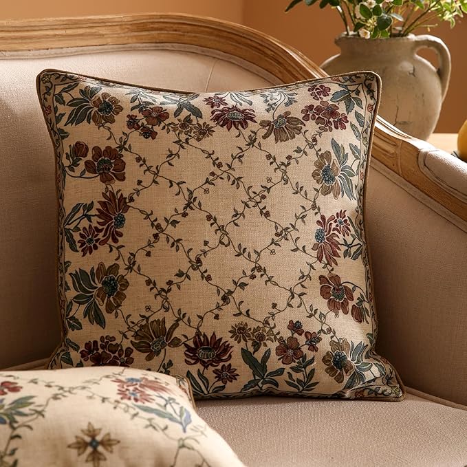 patdrea Designer Throw Pillow Covers,Square Euro Retro Style Light Brown Linen with Floral Pattern Pillow Cover,Decorative Pillowcases Cushion for Bed Living Room Outdoor Car,18"x18"