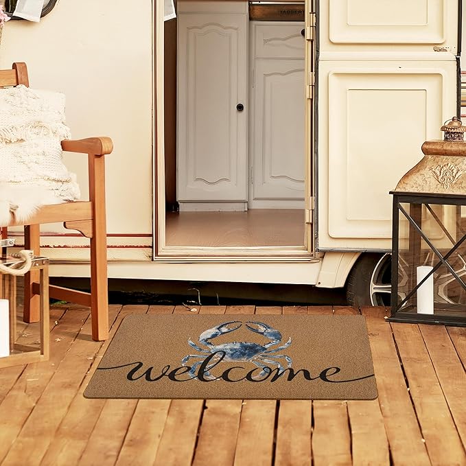 Blue Crab Welcome Door Mat, Beach Framhouse Doormat, Lake Sea Welcome Front Door Mat Indoor Outdoor Entrance, Funny Artificial Coir Doormats Rugs for Patio Entry Beach House Decor 30x17in