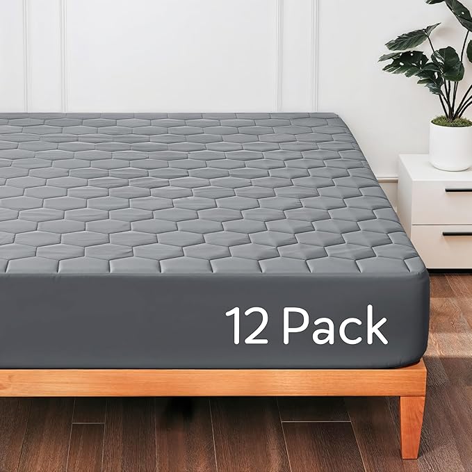 Hearth & Harbor 12 Pack Twin Size Quilted Fitted Mattress Pad Cover, 100% Waterproof Mattress Protectors, Deep Pocket Fitted Mattress Cover 8" - 21" (39" x 75", Gray)